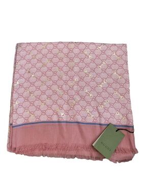 Gucci Pink GG Logo Silk Scarf with Gold Accents